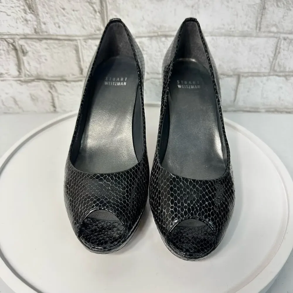 Stuart Weitzman Heels Leather Croc Snake Pattern Patent Peep Toe Pump Black 7.5